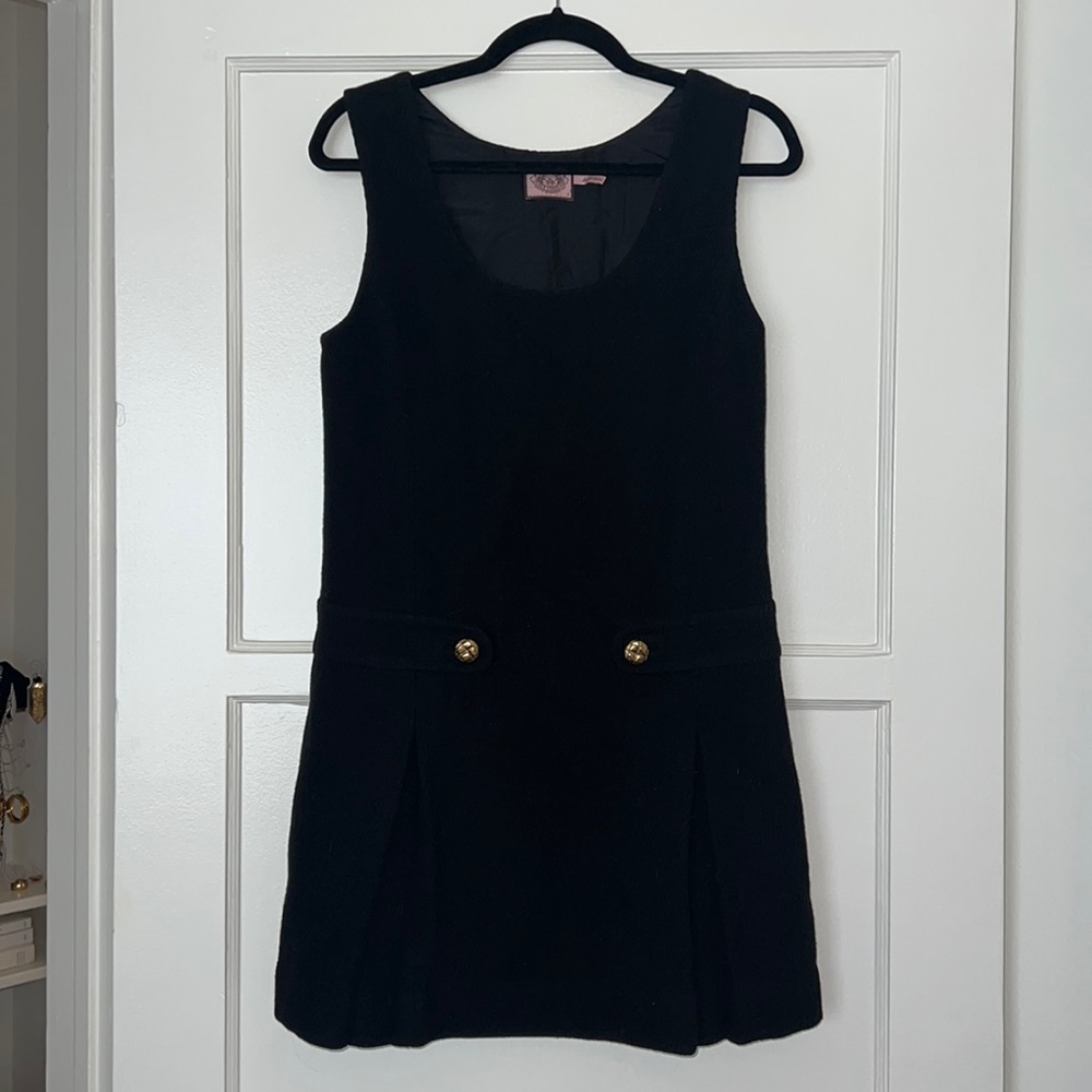 Juicy Couture wool mini dress with gold buttons and pleats.
